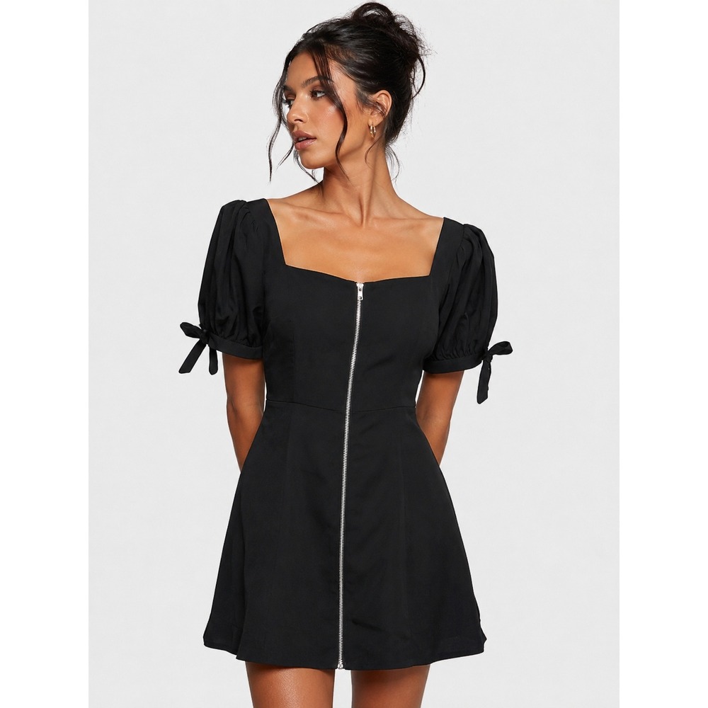 NWT Aqua Zip Front Square Neck Cottage Party Dress Black XS Bloomingdales New